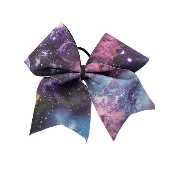 Girls Oversize Hair Bow 6" Elastic Ponytail Galaxy Print Blue Pink Purple - Picture 7 of 7